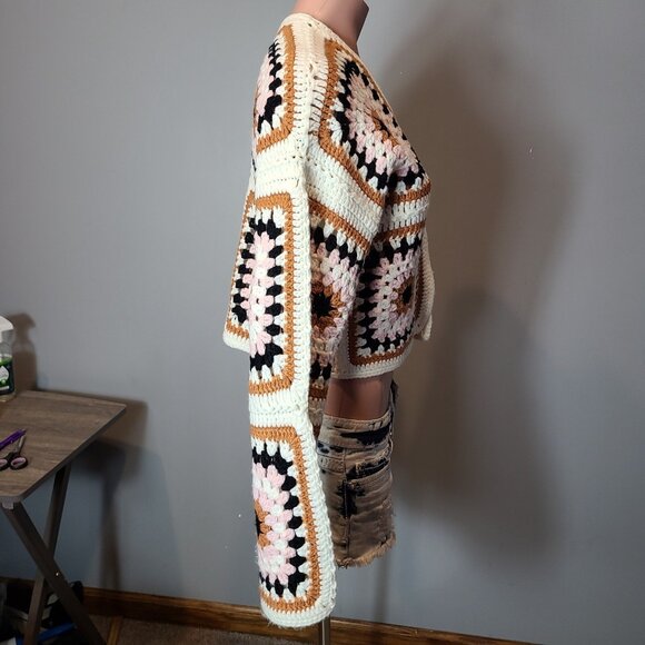 DREAMERS BY DEBUT Crochet Granny Square Cardigan Boho Retro Gypsy Grunge S/M - Picture 5 of 9